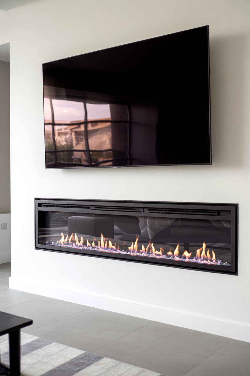 Floor Level Linear Fireplace with Low Profile TV Mount - 30 fireplace tv wall ideas