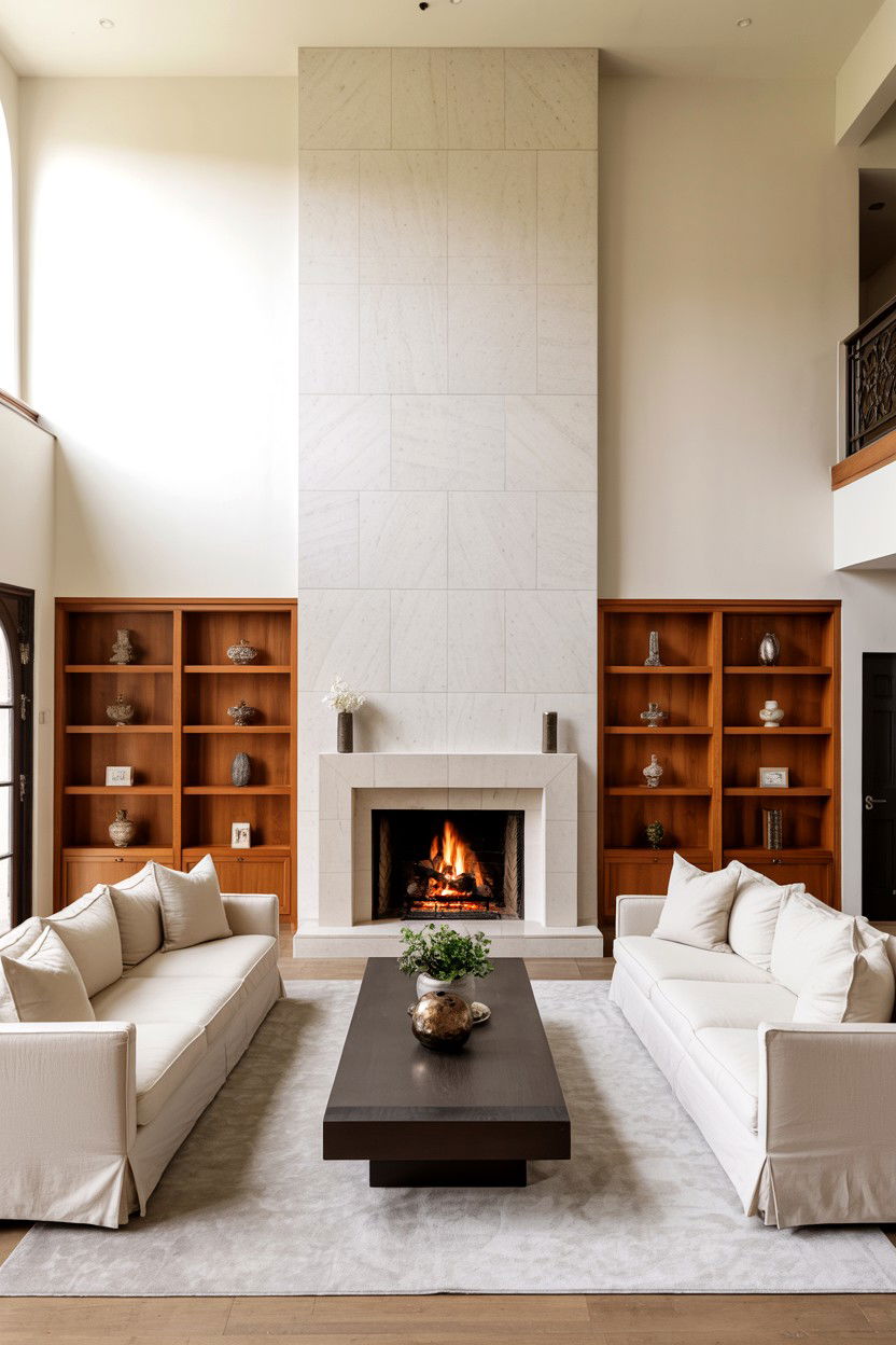 Floor To Ceiling Fireplace With Proportional Seating - 30 living room layout with fireplace ideas