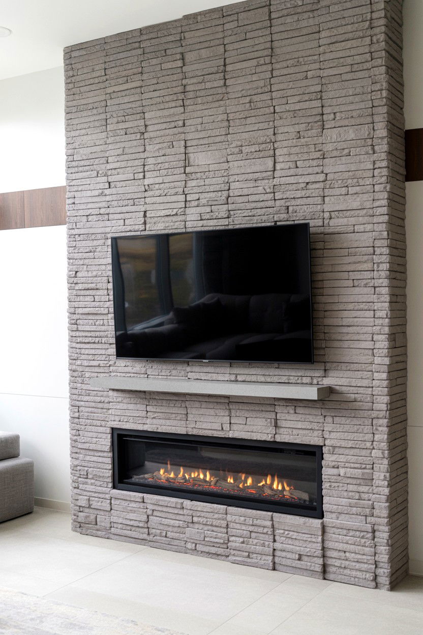 Floor to Ceiling Stone Accent Wall with Linear Fireplace - 30 fireplace tv wall ideas