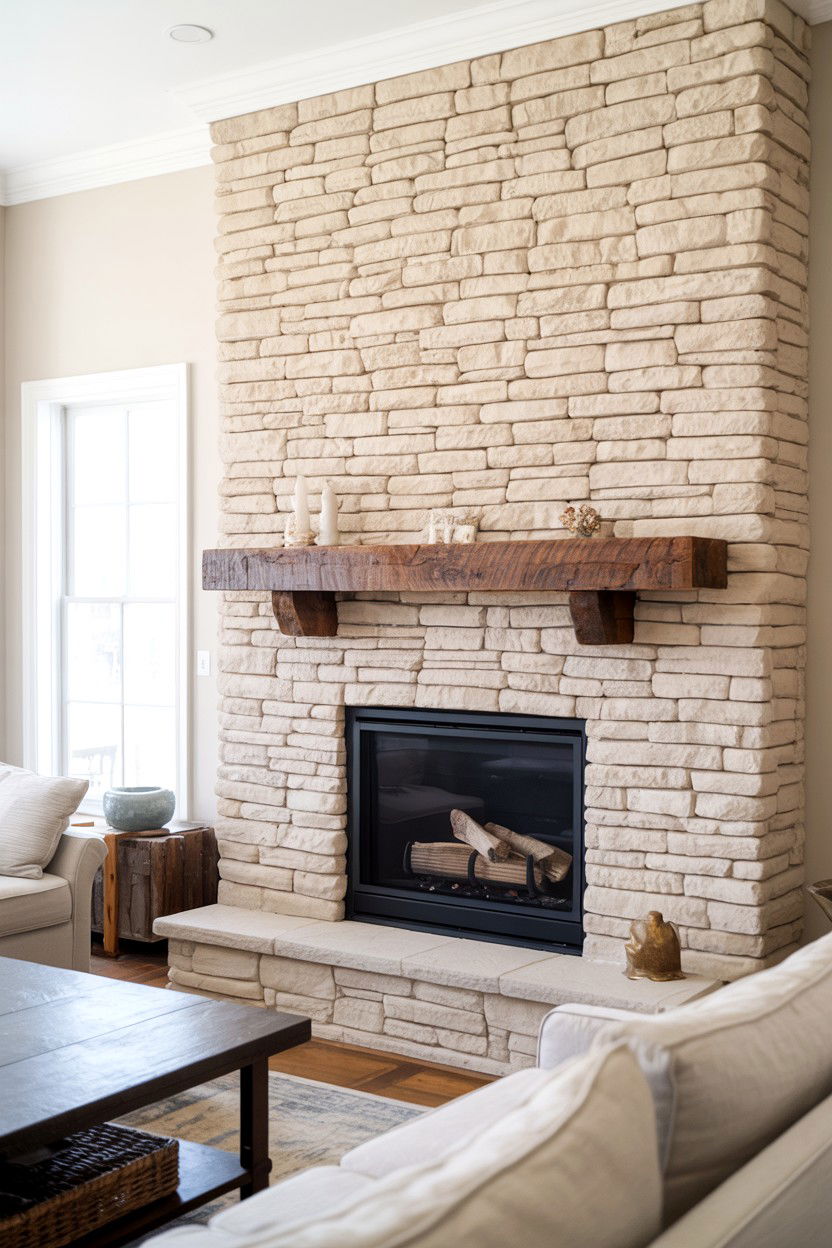 Floor to Ceiling Stone Fireplace with Natural Textures - 30 cozy fireplace ideas
