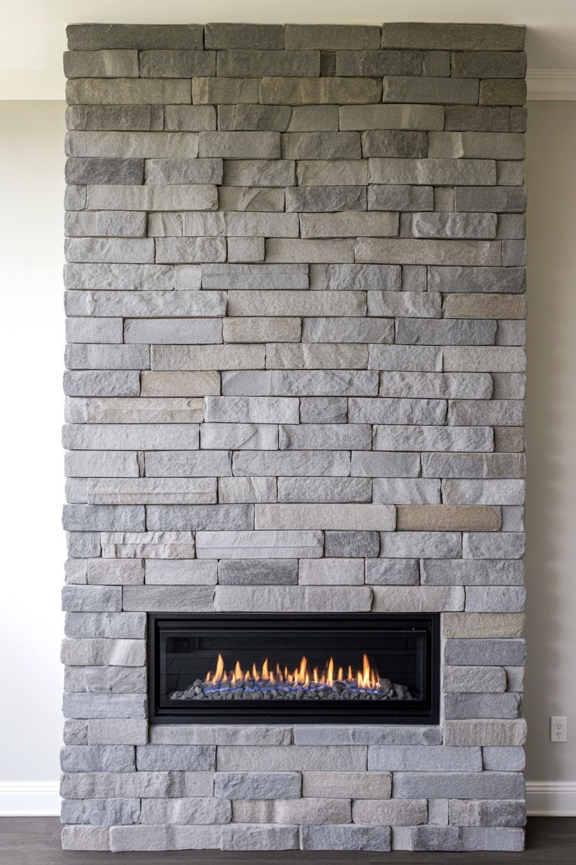 Floor to Ceiling Stone Surround with Linear Insert - 30 best gas fireplace ideas