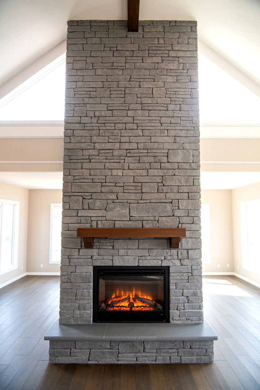 Floor to Ceiling Stone Veneer with Built In Electric Unit - 30 faux fireplace ideas