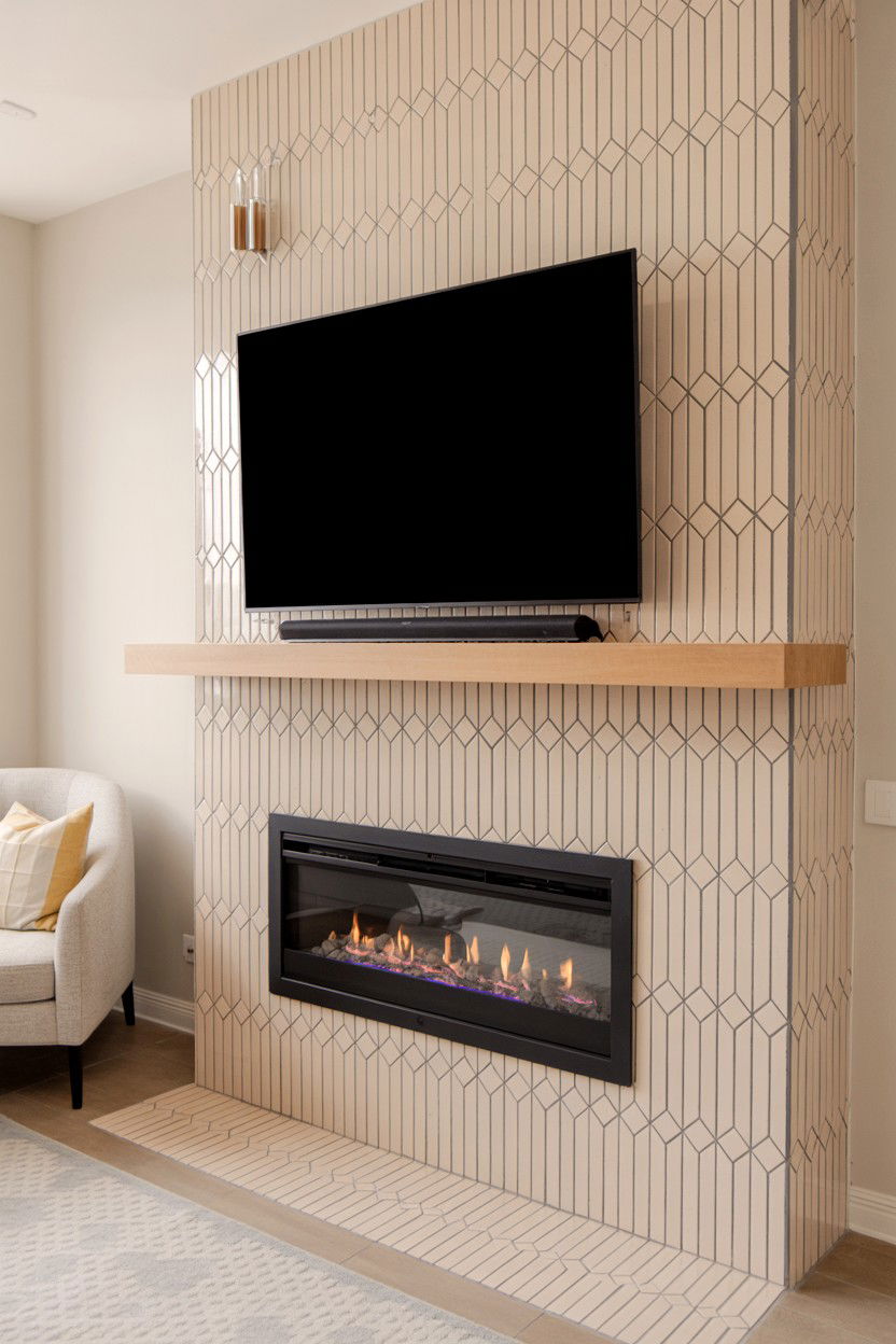 Floor to Ceiling Tile in Geometric Patterns - 30 tv over fireplace ideas