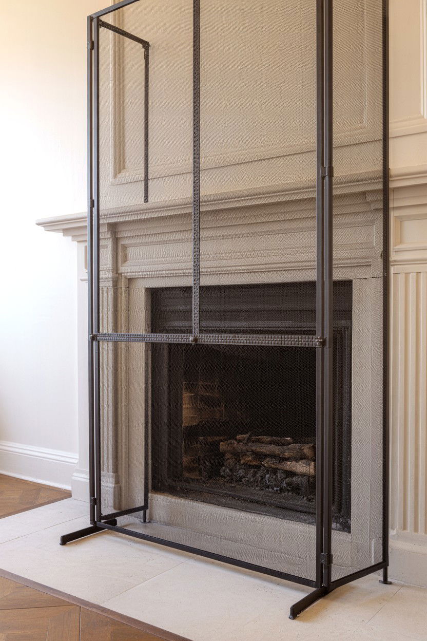 Floor to Ceiling Wire Mesh Panel Screen - 30 fireplace screen ideas