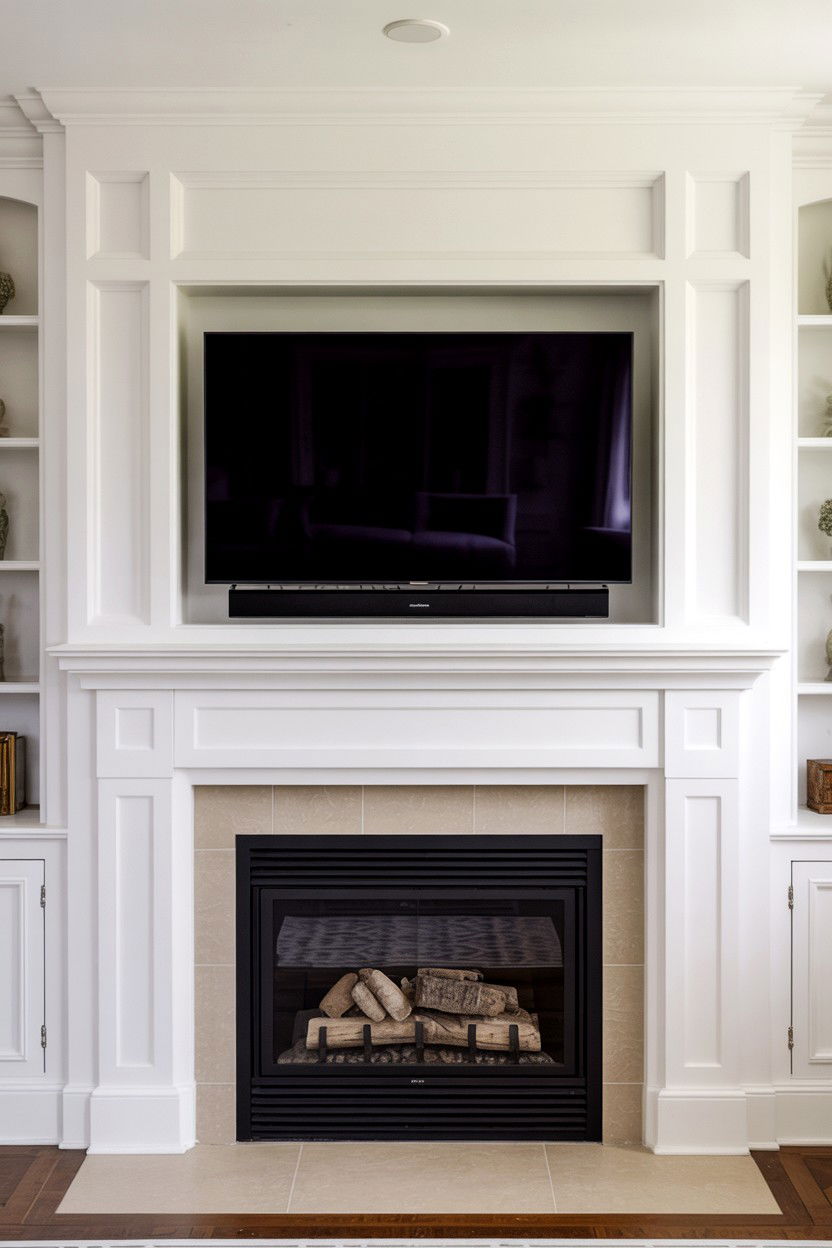 Flush Mounted TV in Custom Millwork Niche - 30 tv over fireplace ideas
