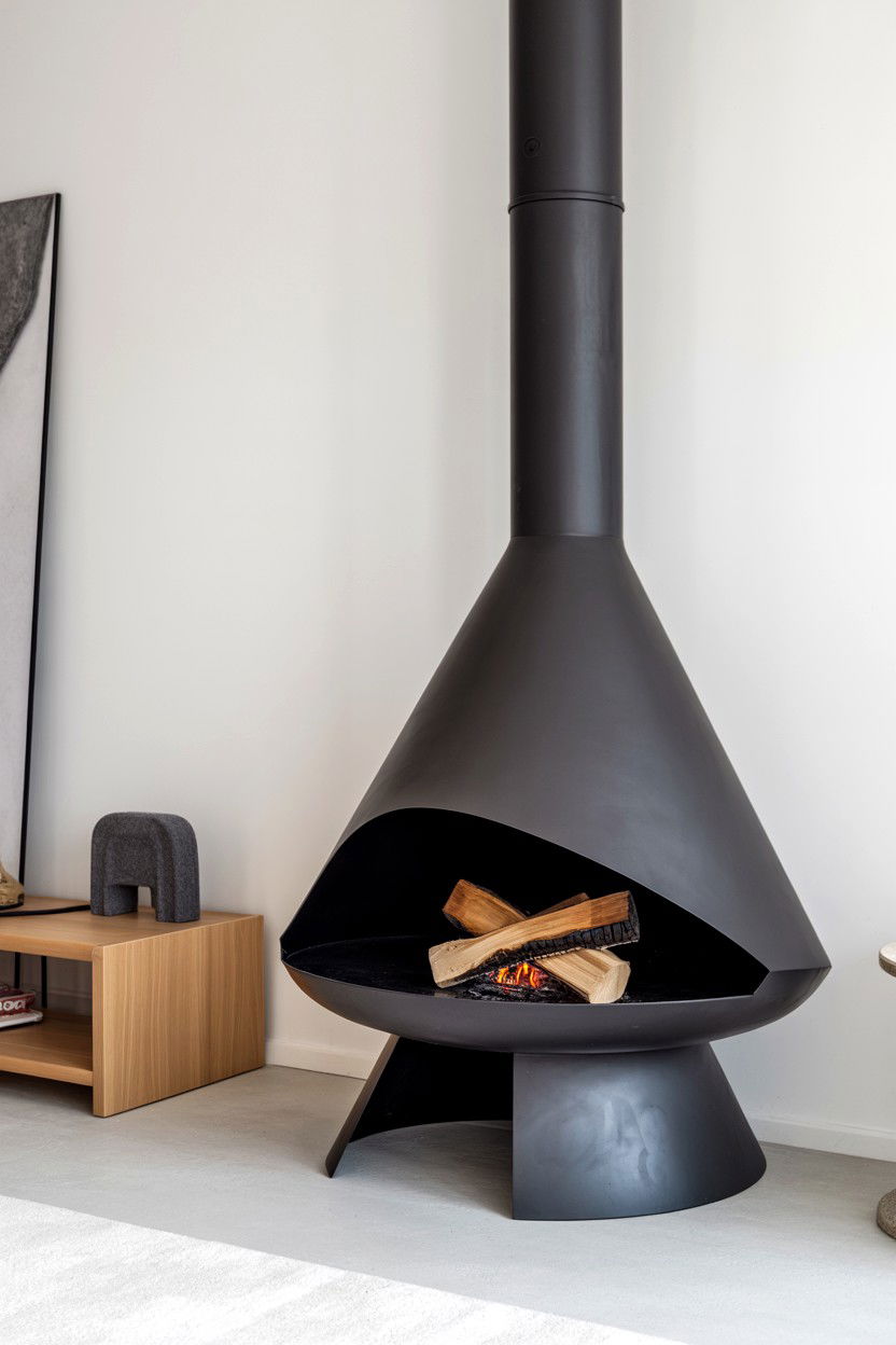 Freestanding Corner Fireplace with Sculptural Presence - 30 corner fireplace ideas