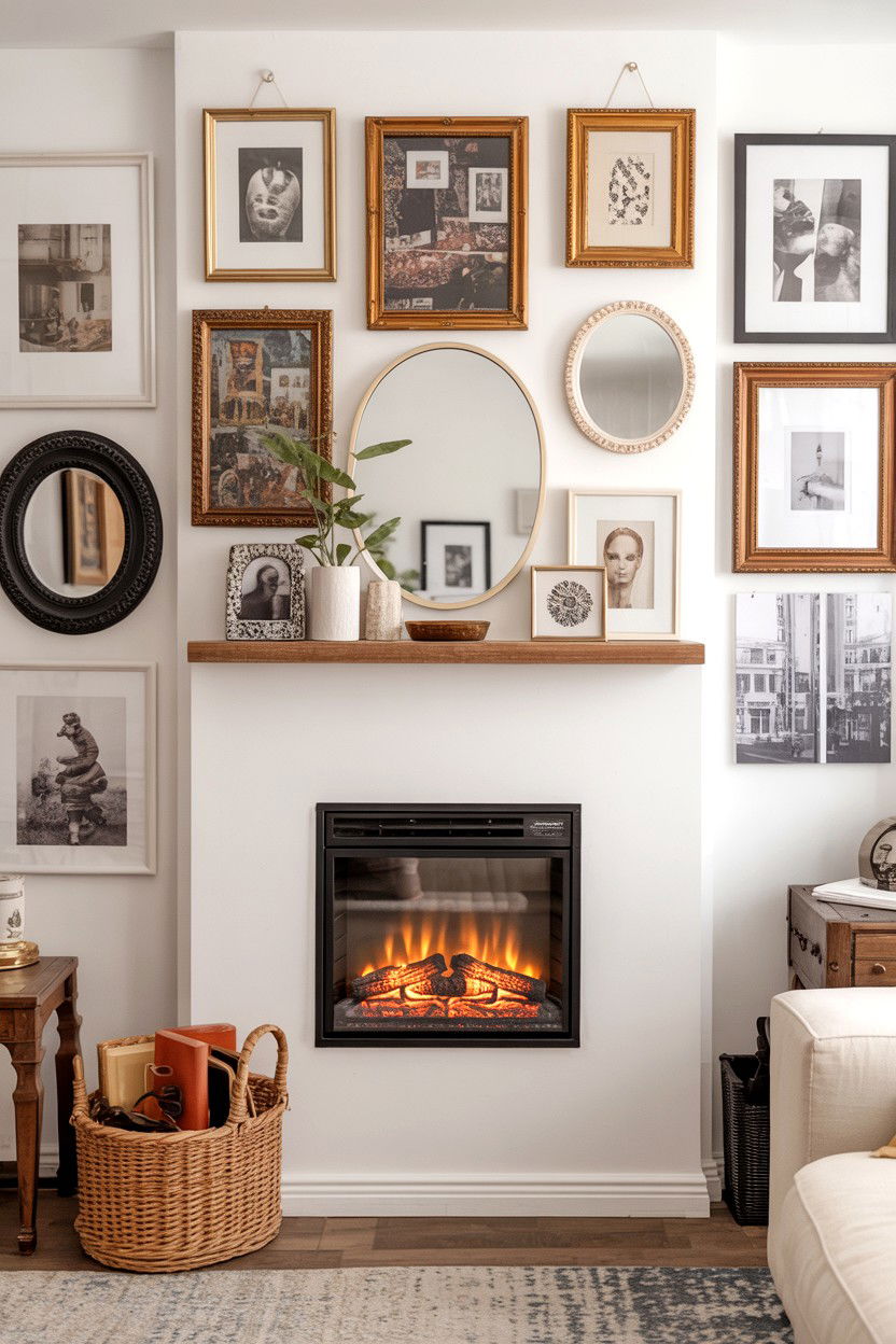 Gallery Wall Integration with Small Insert - 30 best fake fireplace ideas
