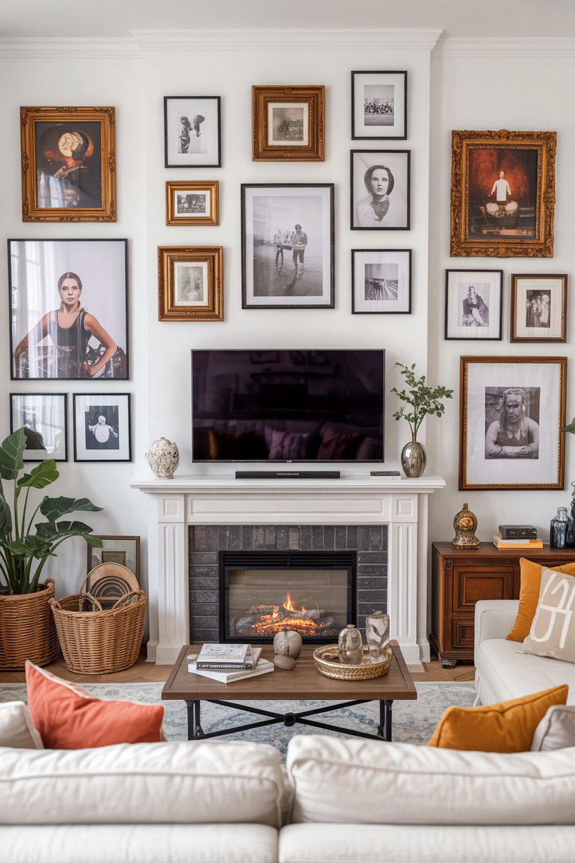 Gallery Wall Surrounding Both Fireplace and TV - 30 fireplace tv wall ideas