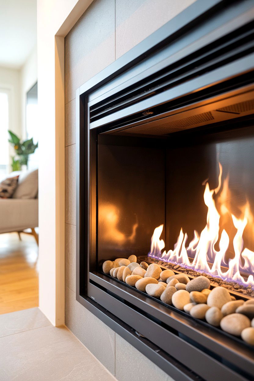 Gas Fireplace with River Rock Bed for Natural Texture - 30 fireplace ideas