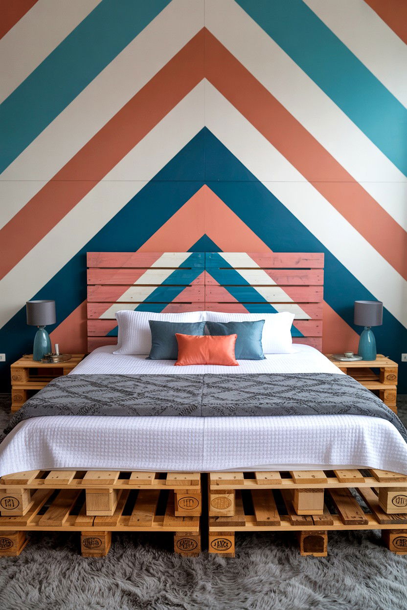 Geometric Patterned Pallet Bed with Painted Design Motifs - 30 pallet bed ideas