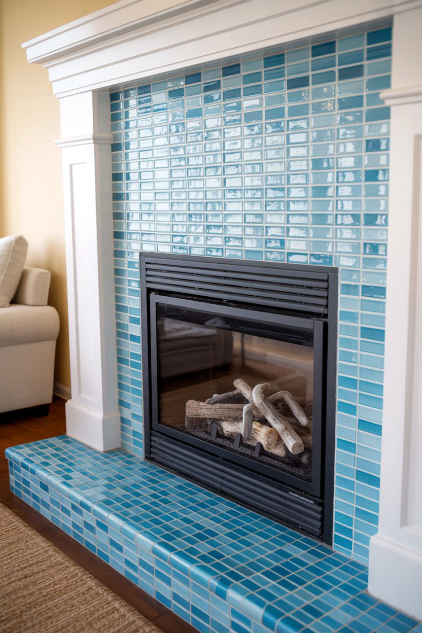 Glass Tile Mosaic Surround in Coastal Blues - 30 gas fireplace ideas