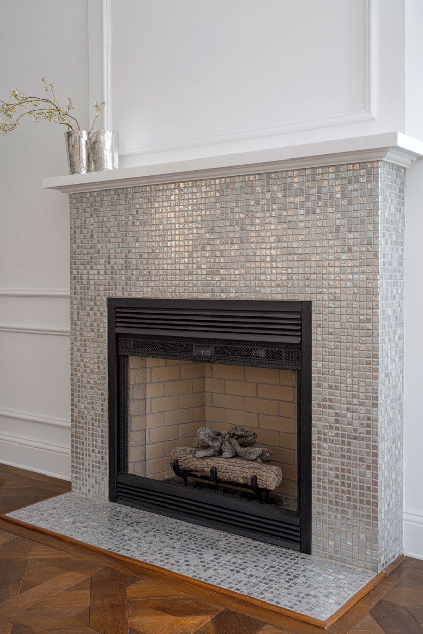 Glass Tile Mosaic Surround with Metallic Accents - 30 faux fireplace ideas