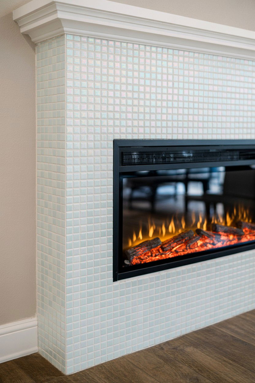 Glass Tile Mosaic with Electric Flame Effect - 30 built in fireplace ideas