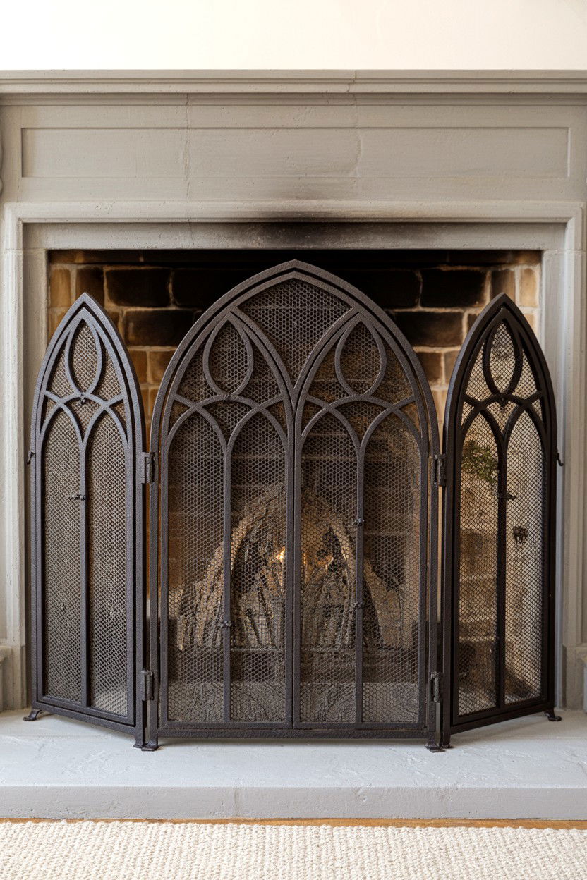 Gothic Arch Screen with Tracery Details - 30 fireplace screen ideas