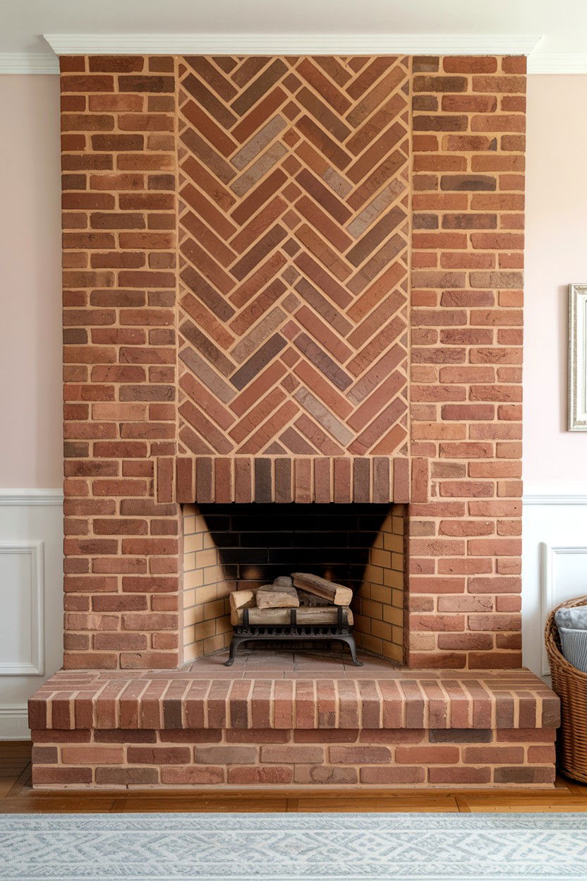 Herringbone Brick Pattern with Classic Revival - 30 cozy fireplace aesthetic ideas