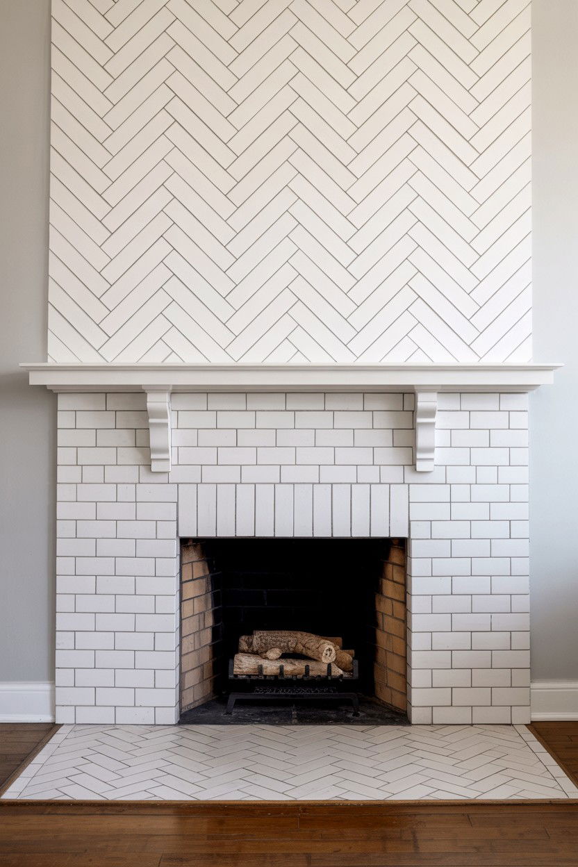Herringbone Tile Fireplace with Geometric Interest - 30 cozy fireplace ideas