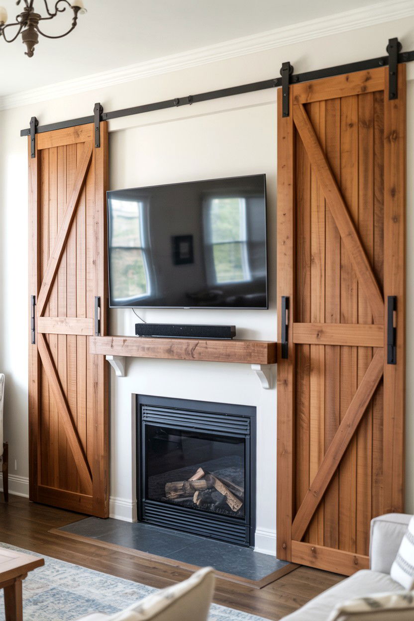 Hidden TV Behind Sliding Barn Doors - 30 tv over fireplace ideas