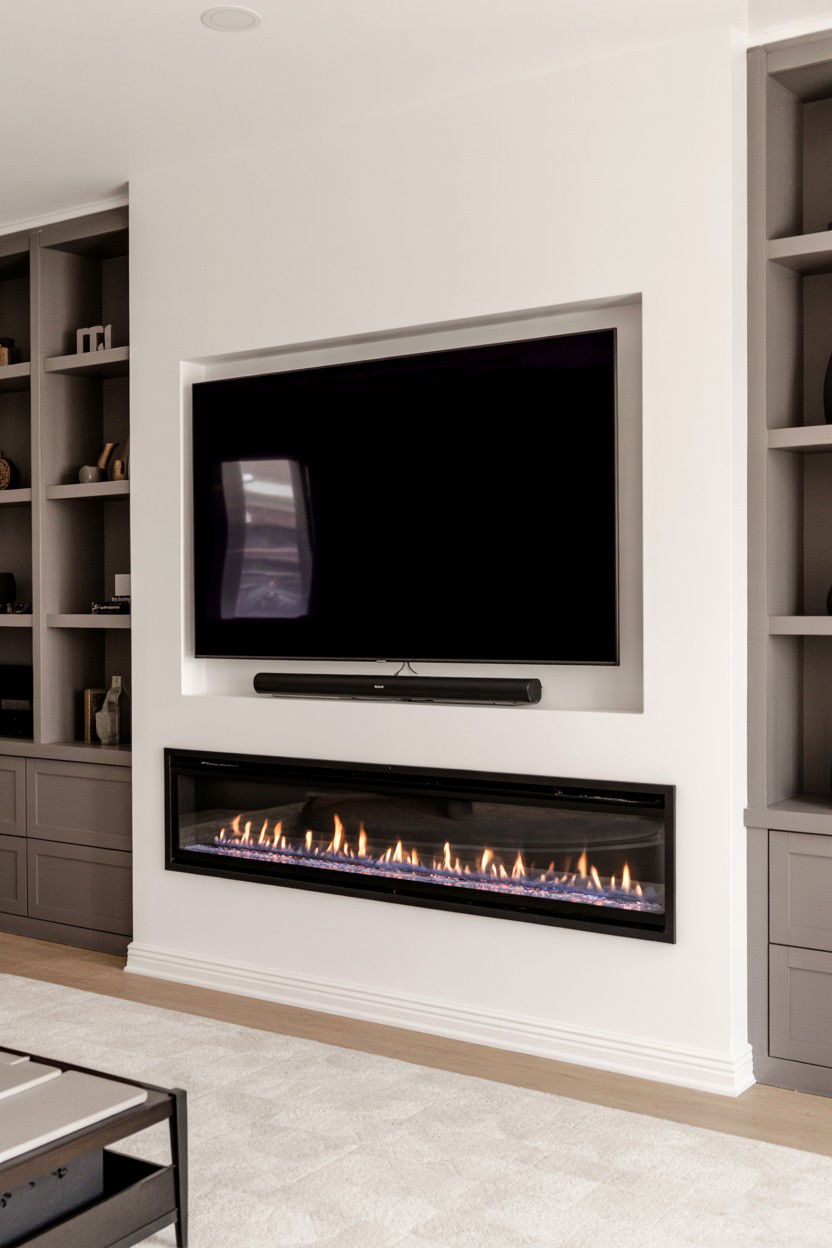Horizontal Ribbon Fireplace with Media Wall Integration - 30 best gas fireplace ideas