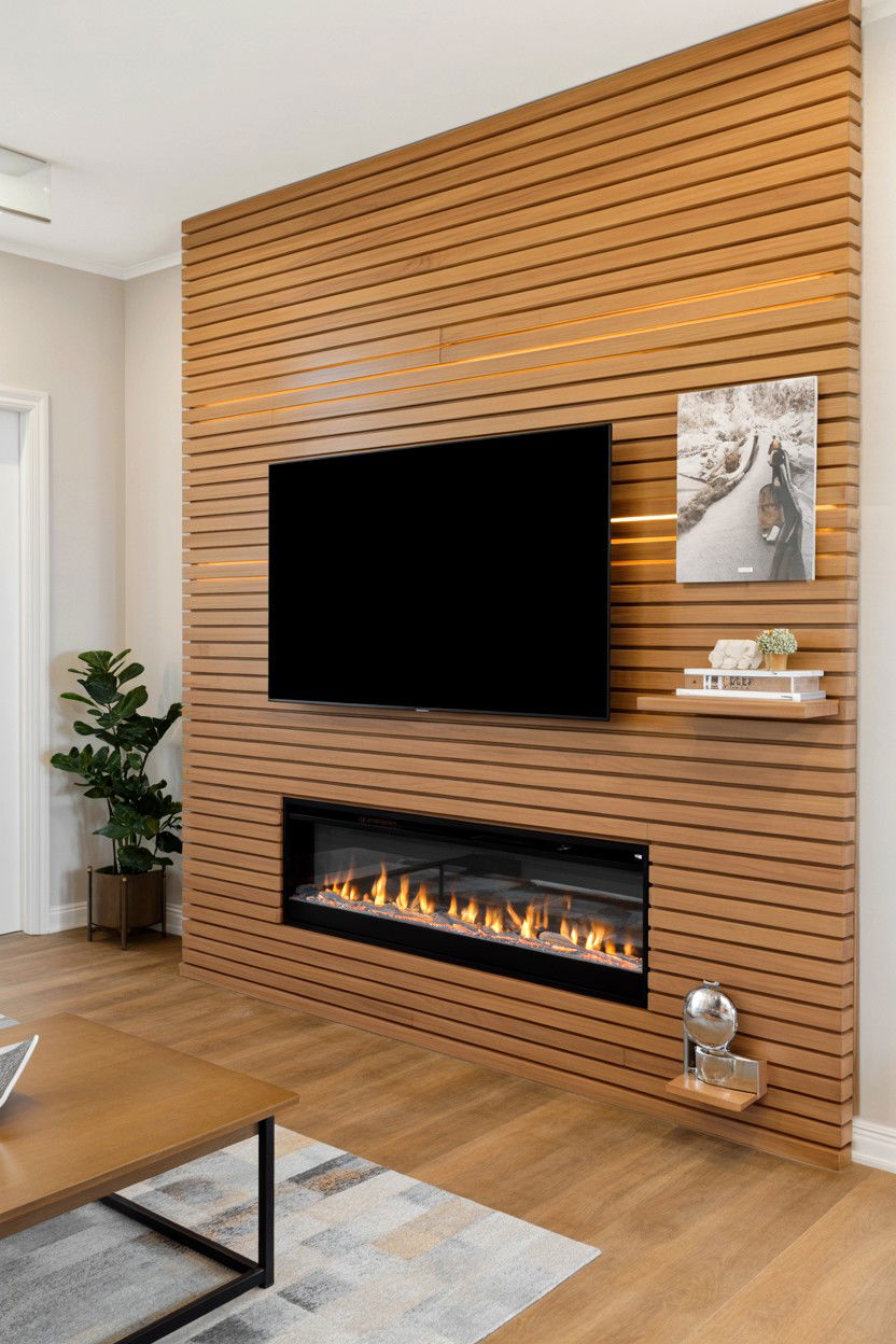 Horizontal Wood Slat Wall with Integrated LED Lighting - 30 fireplace tv wall ideas