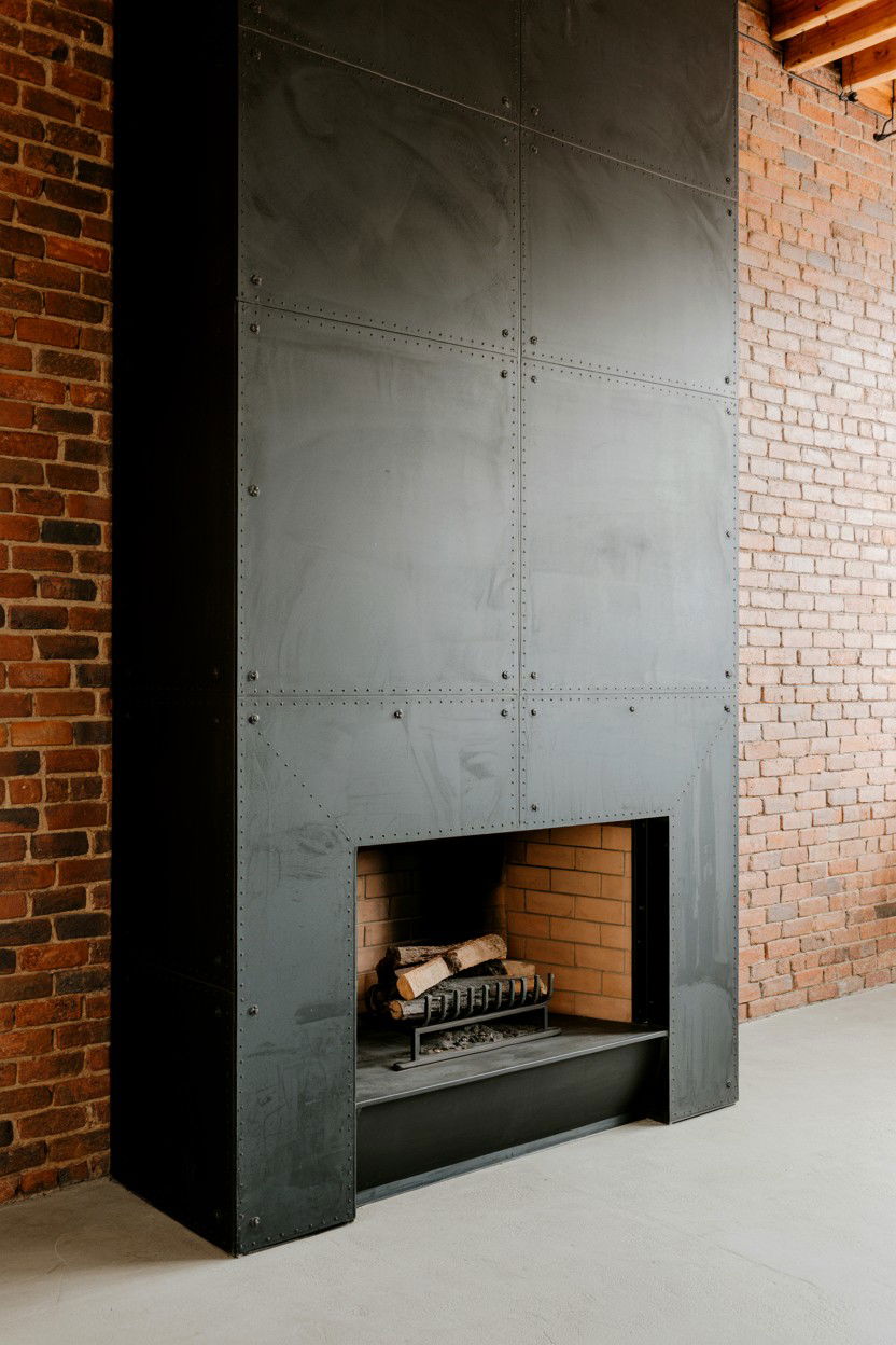 Industrial Black Steel Fireplace with Exposed Rivets - 30 black fireplace ideas