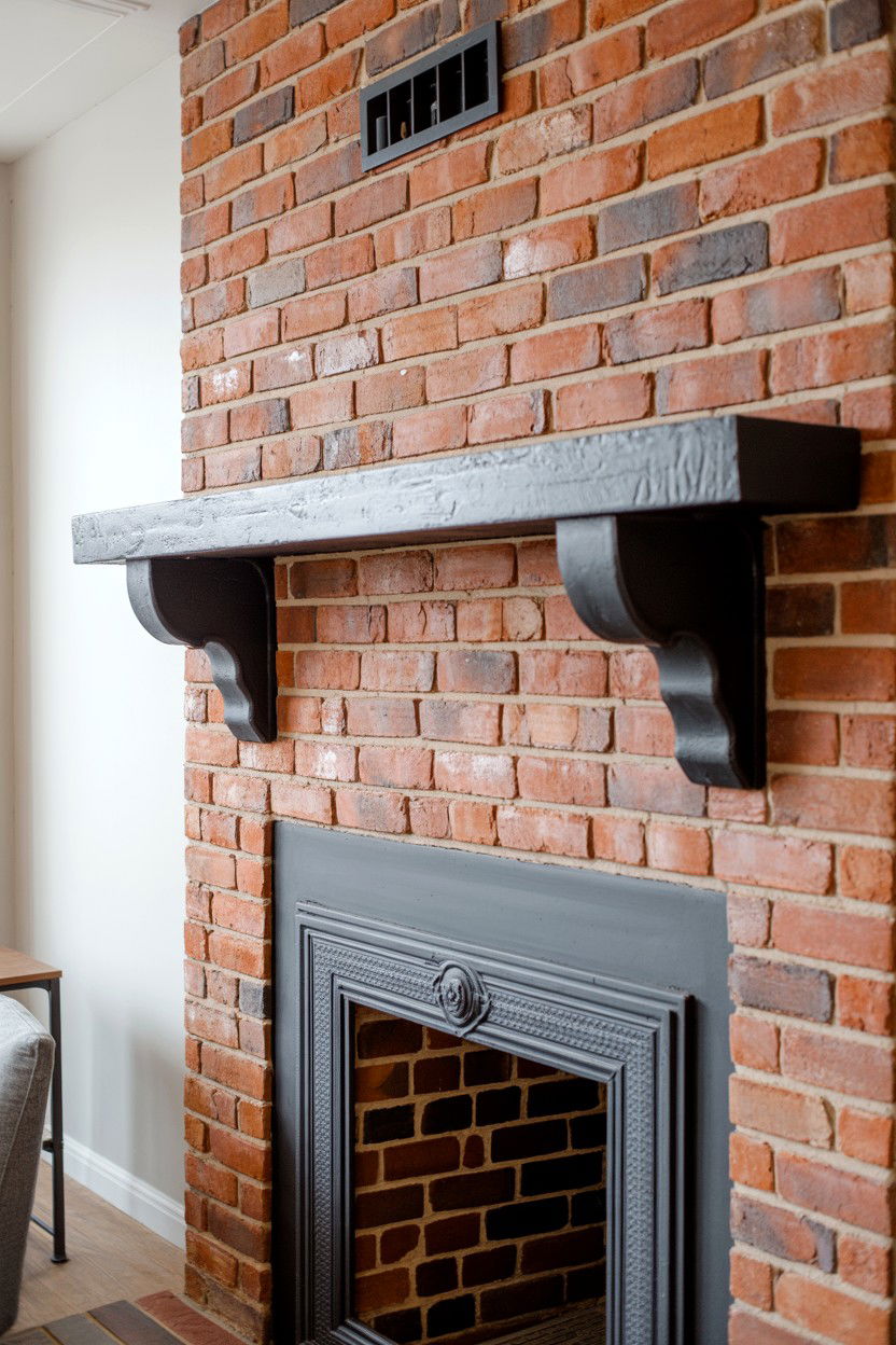 Industrial Exposed Brick with Black Metal Mantel - 30 built in fireplace ideas