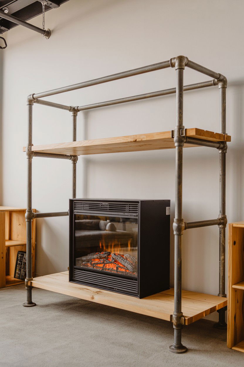 Industrial Metal Pipe Frame Surrounding Electric Insert - 30 faux fireplace ideas