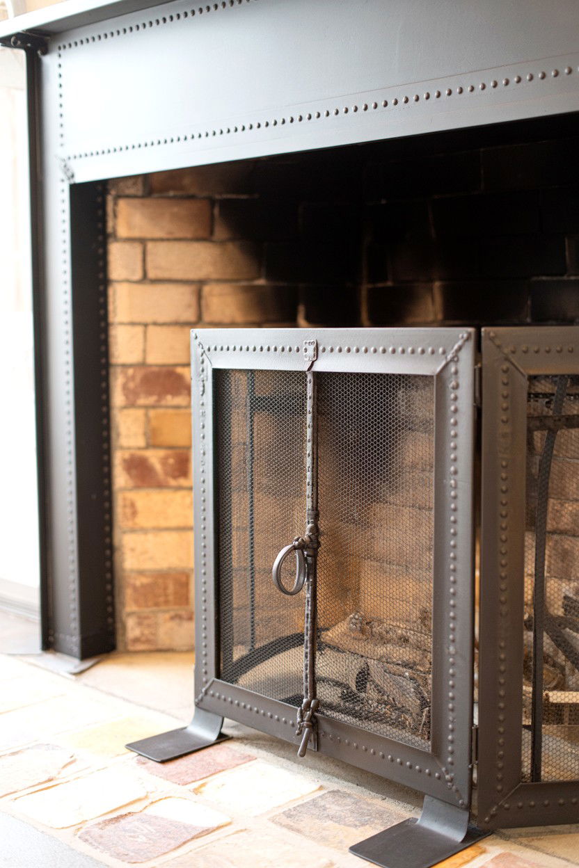 Industrial Riveted Metal Screen - 30 fireplace screen ideas