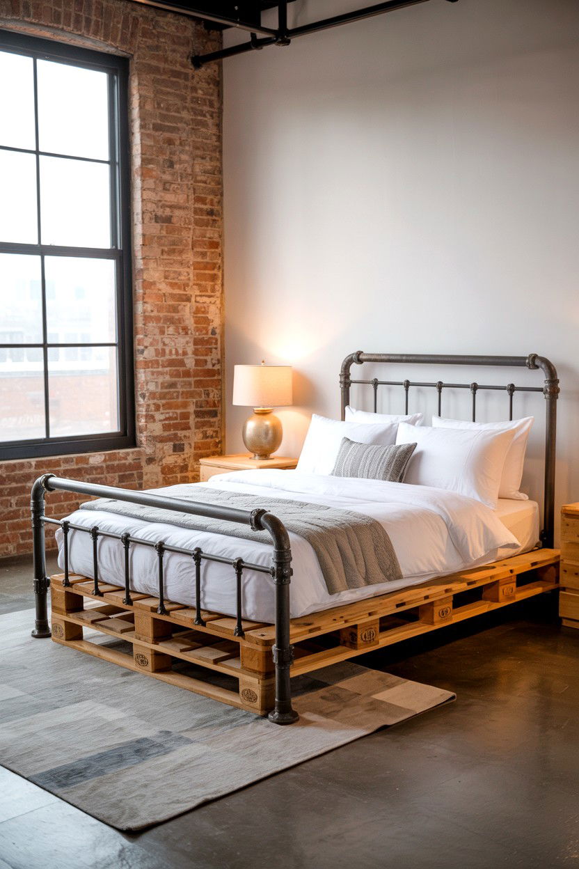 Industrial Style Pallet Bed with Metal Pipe Accents - 30 pallet bed ideas