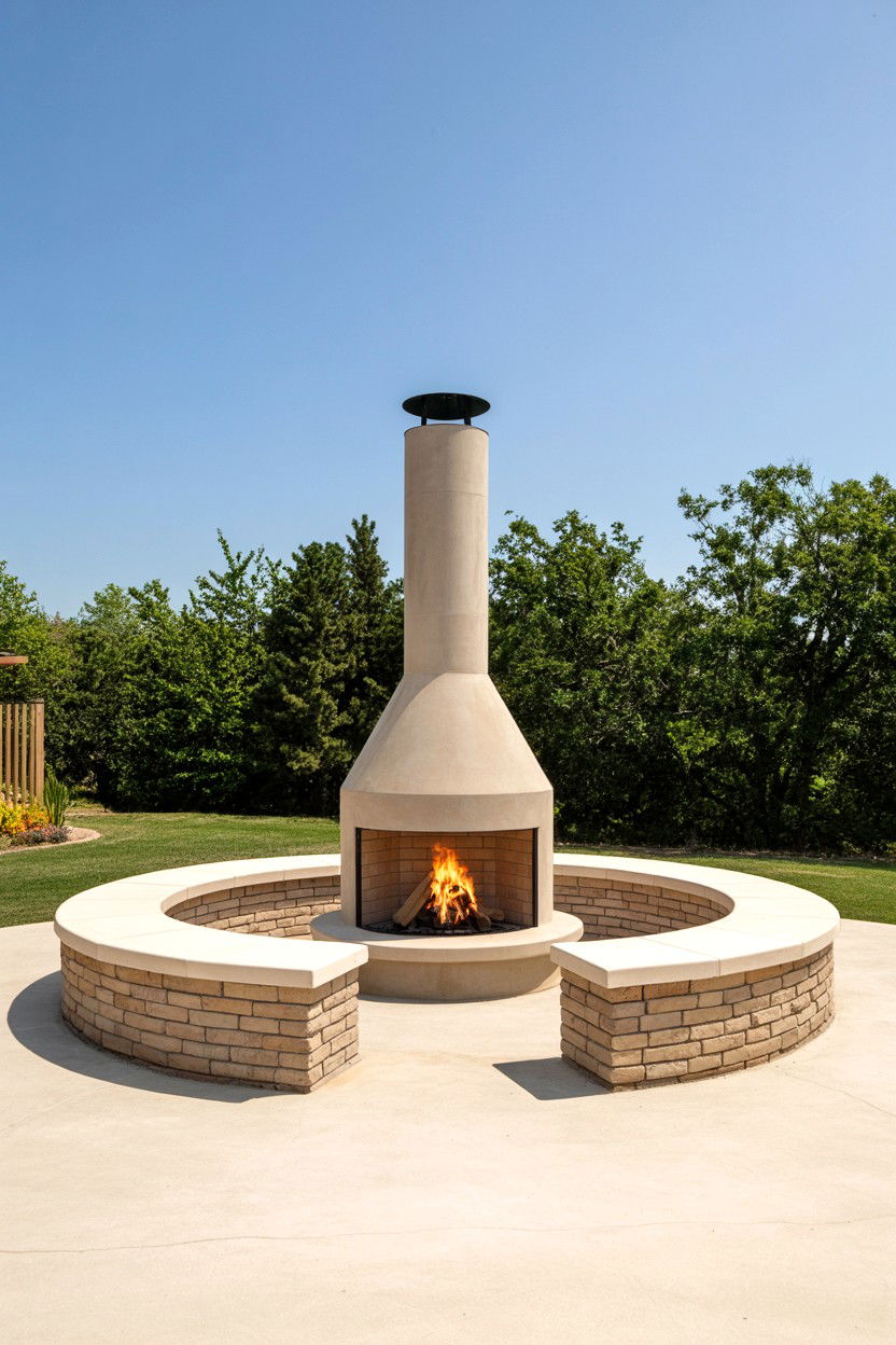 Island Fireplace with Circular Seating - 30 outdoor fireplace ideas