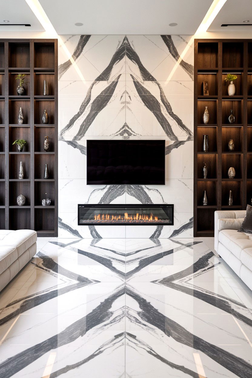 Large Format Porcelain Slabs with Book Matched Veining - 30 fireplace tv wall ideas