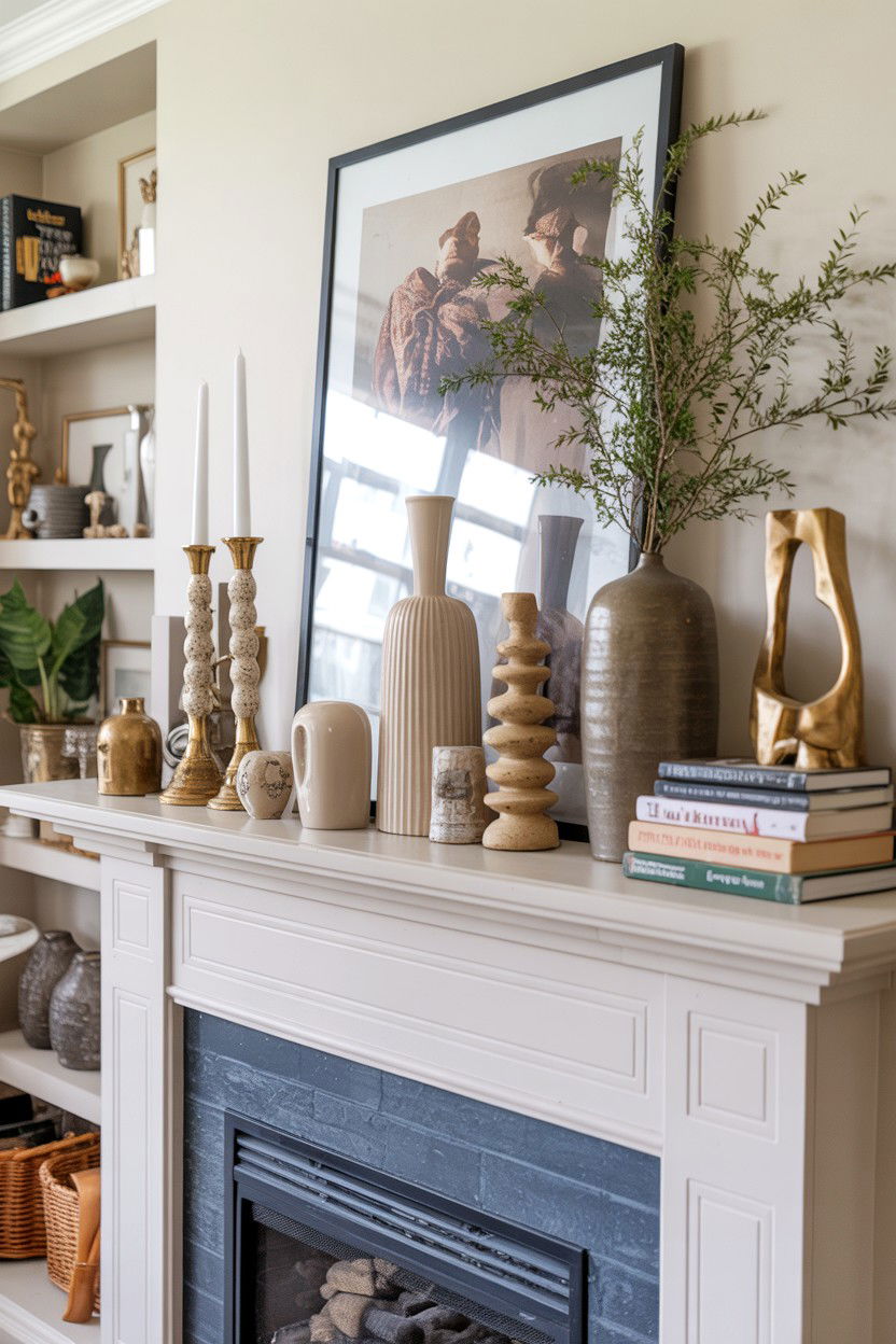 Layered Mantel Display with Varied Heights - 30 best fireplace decor ideas