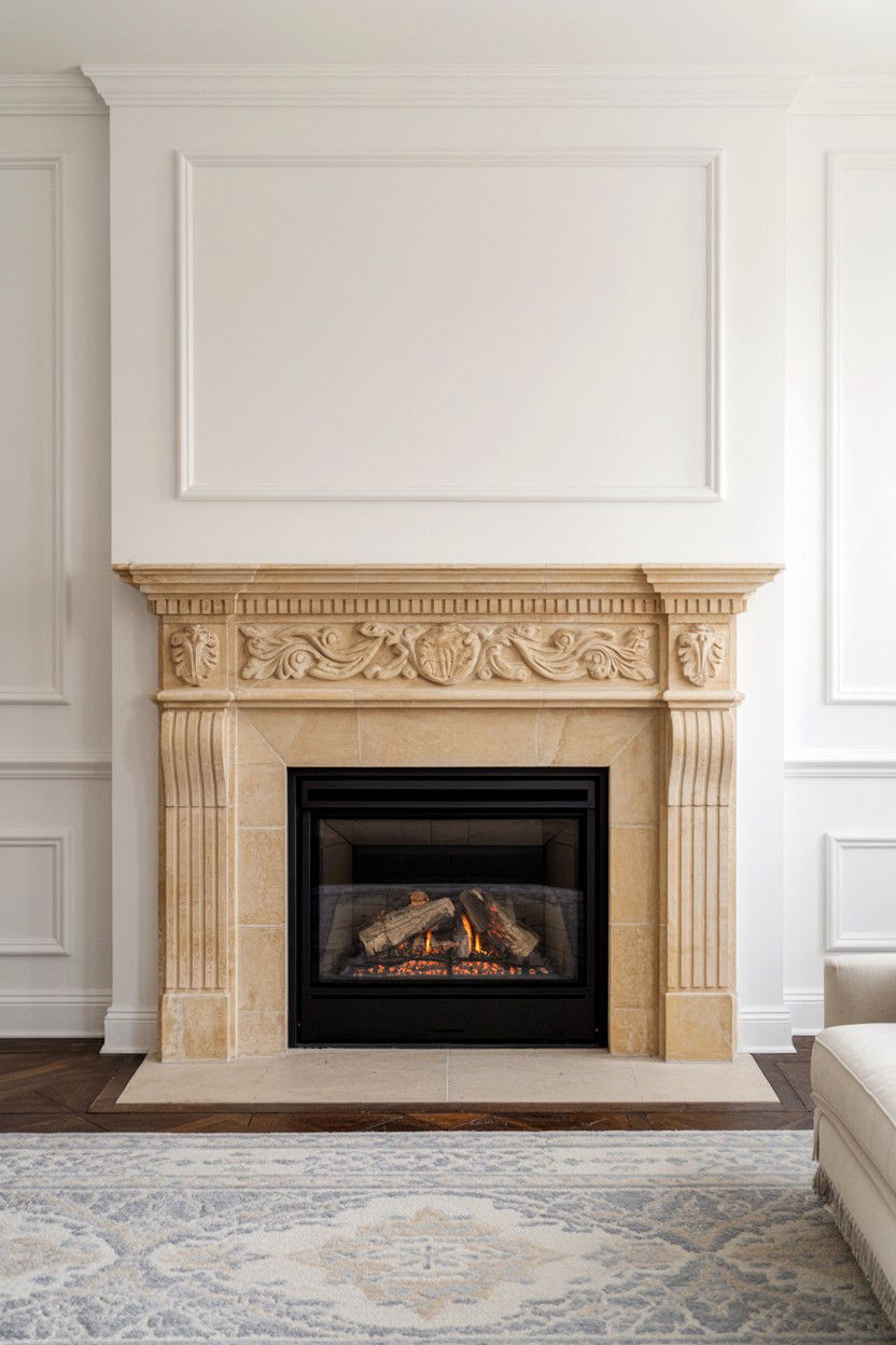 Limestone Surround with Hand Carved Details - 30 best gas fireplace ideas