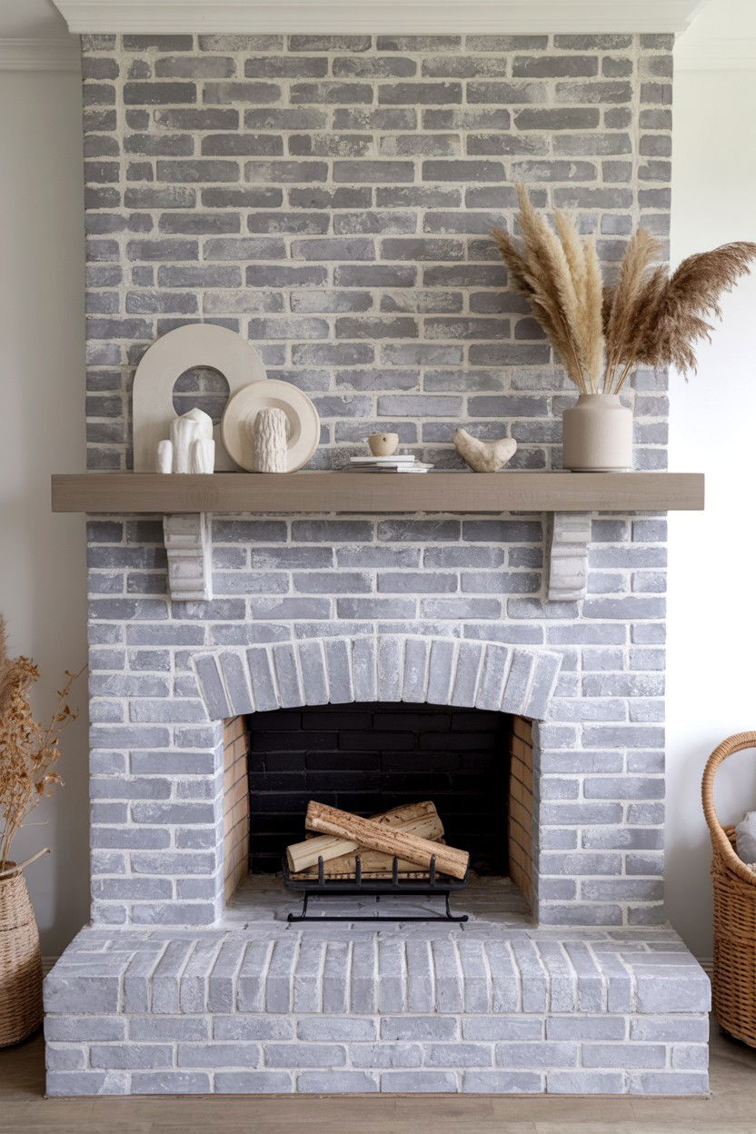 Limewashed Brick in Soft Gray Tones - 30 brick fireplace ideas