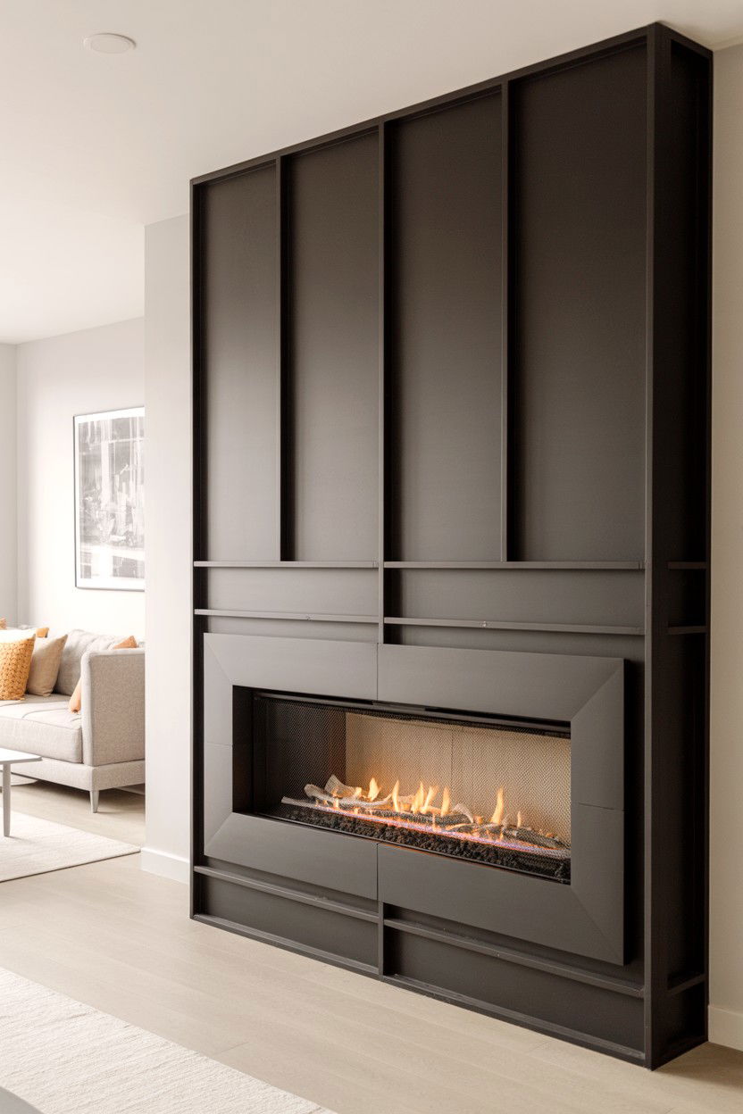 Linear Black Steel Frame - 30 fireplace wall ideas