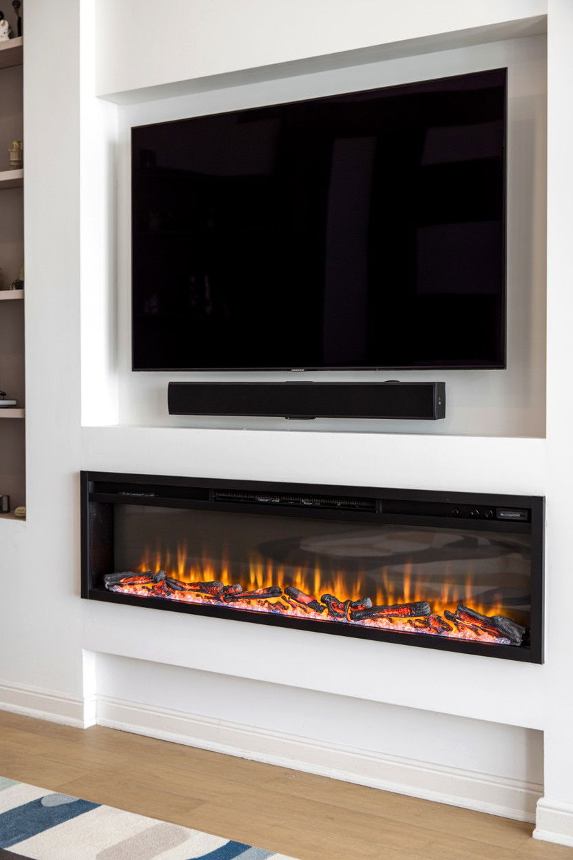 Linear Electric Fireplace Below Wall Mounted TV - 30 tv over fireplace ideas