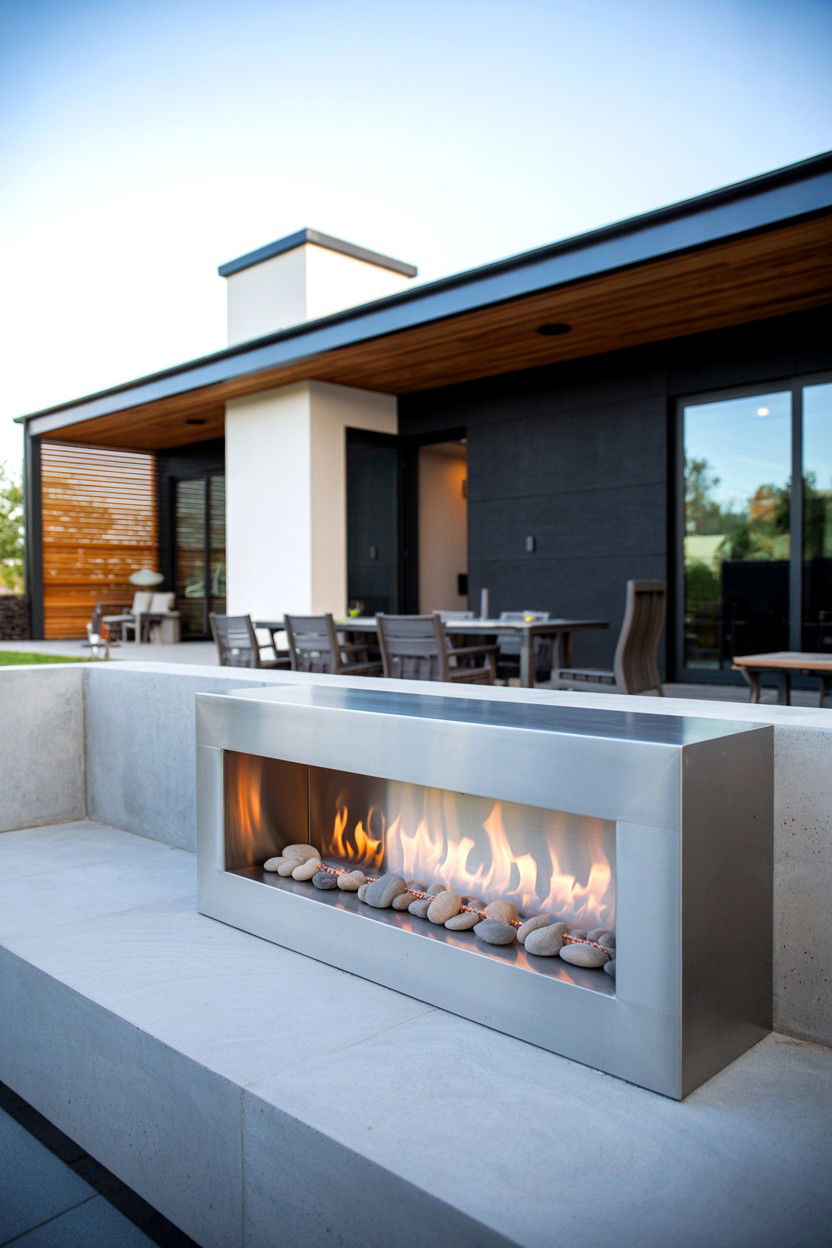 Linear Steel Fireplace with Clean Lines - 30 outdoor fireplace ideas
