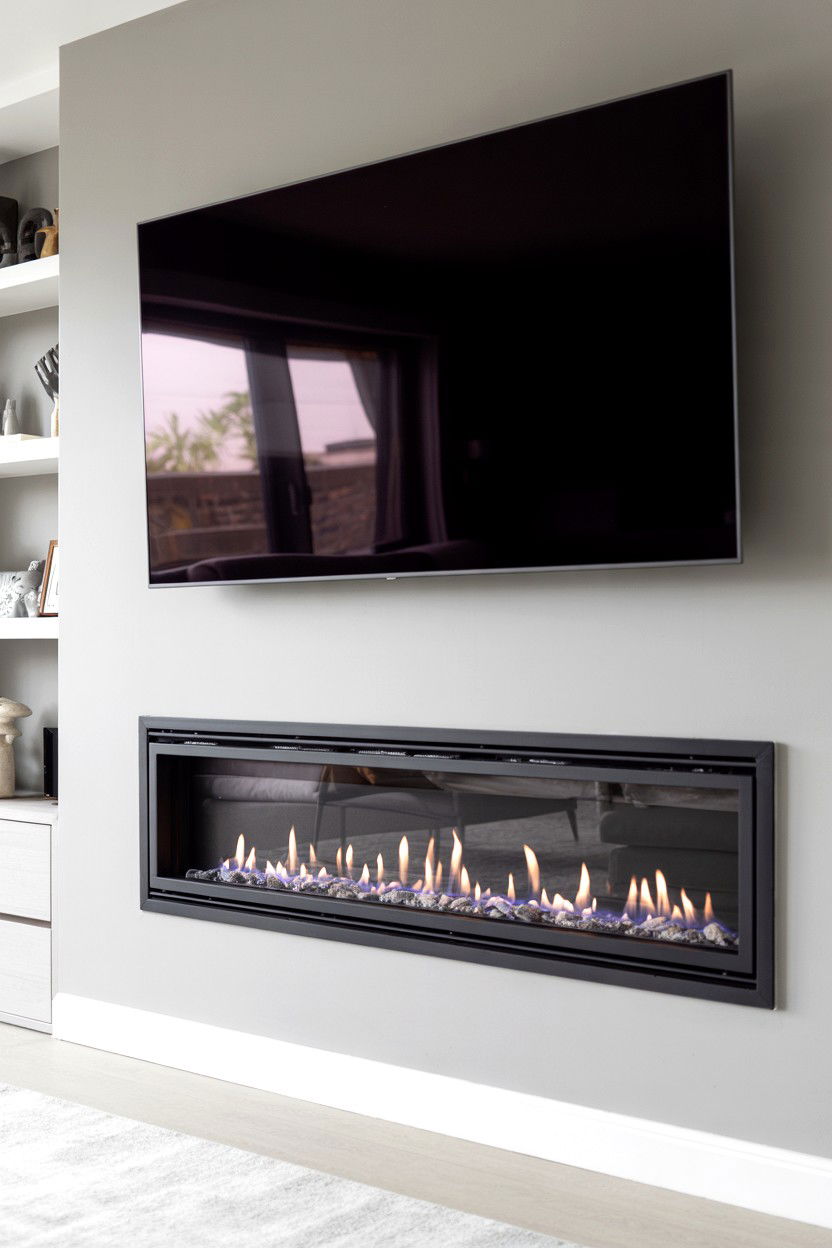 Linear Wall Mounted Gas Fireplace with Black Steel Frame - 30 gas fireplace ideas