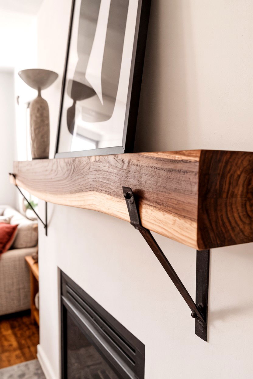 Live Edge Walnut Slab with Metal Brackets - 30 fireplace mantle ideas