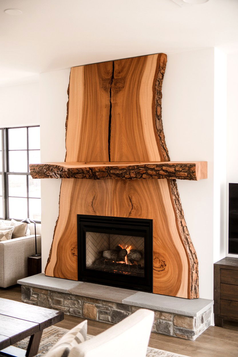 Live Edge Wood Mantel Feature - 30 fireplace wall ideas