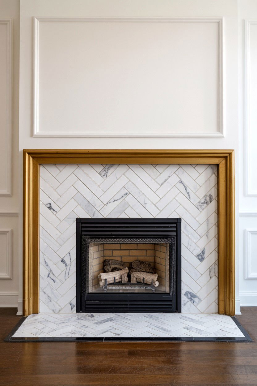 Marble Look Tile Surround with Gold Accents - 30 best fake fireplace ideas