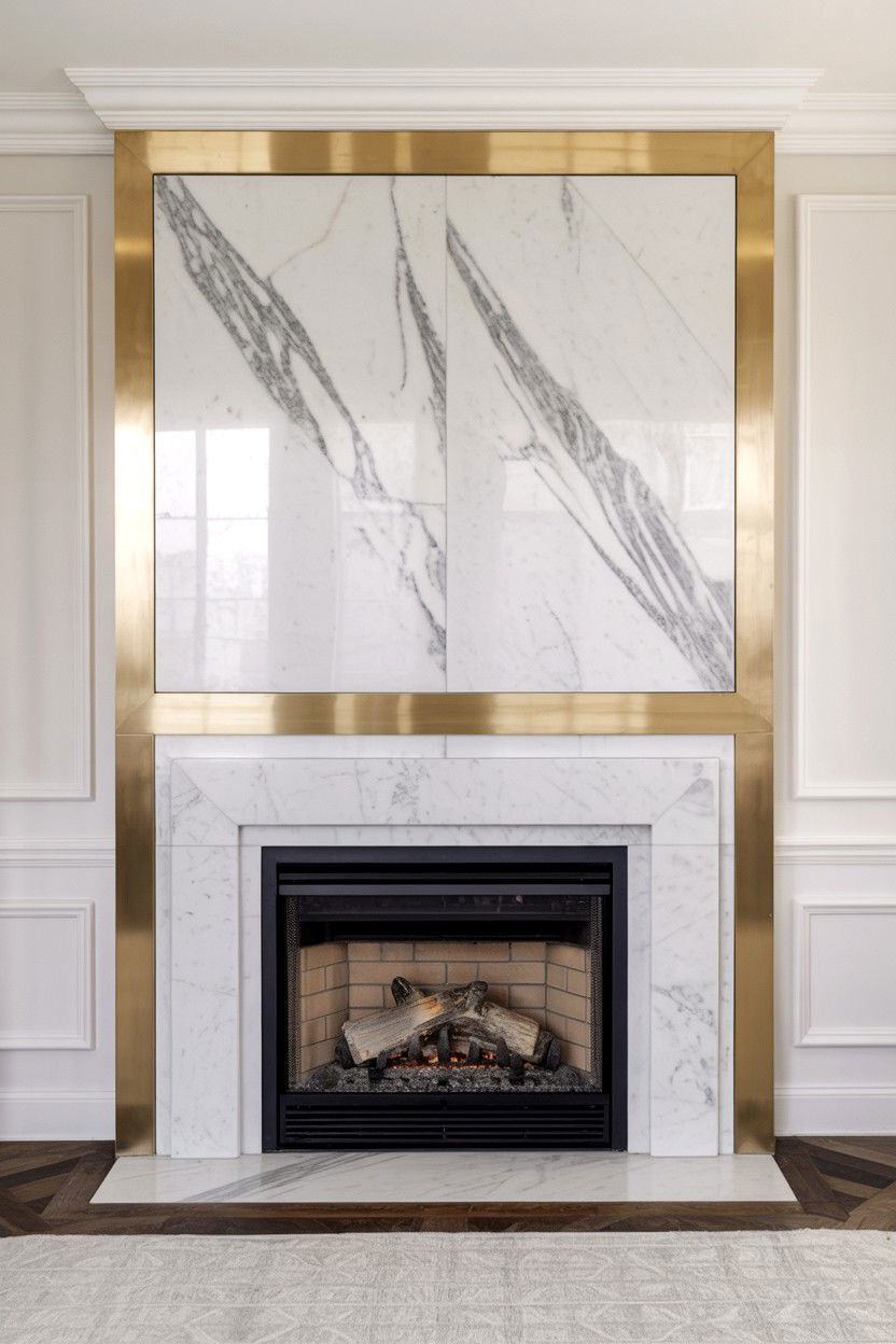 Marble Slab Surround with Gold Accents - 30 gas fireplace ideas