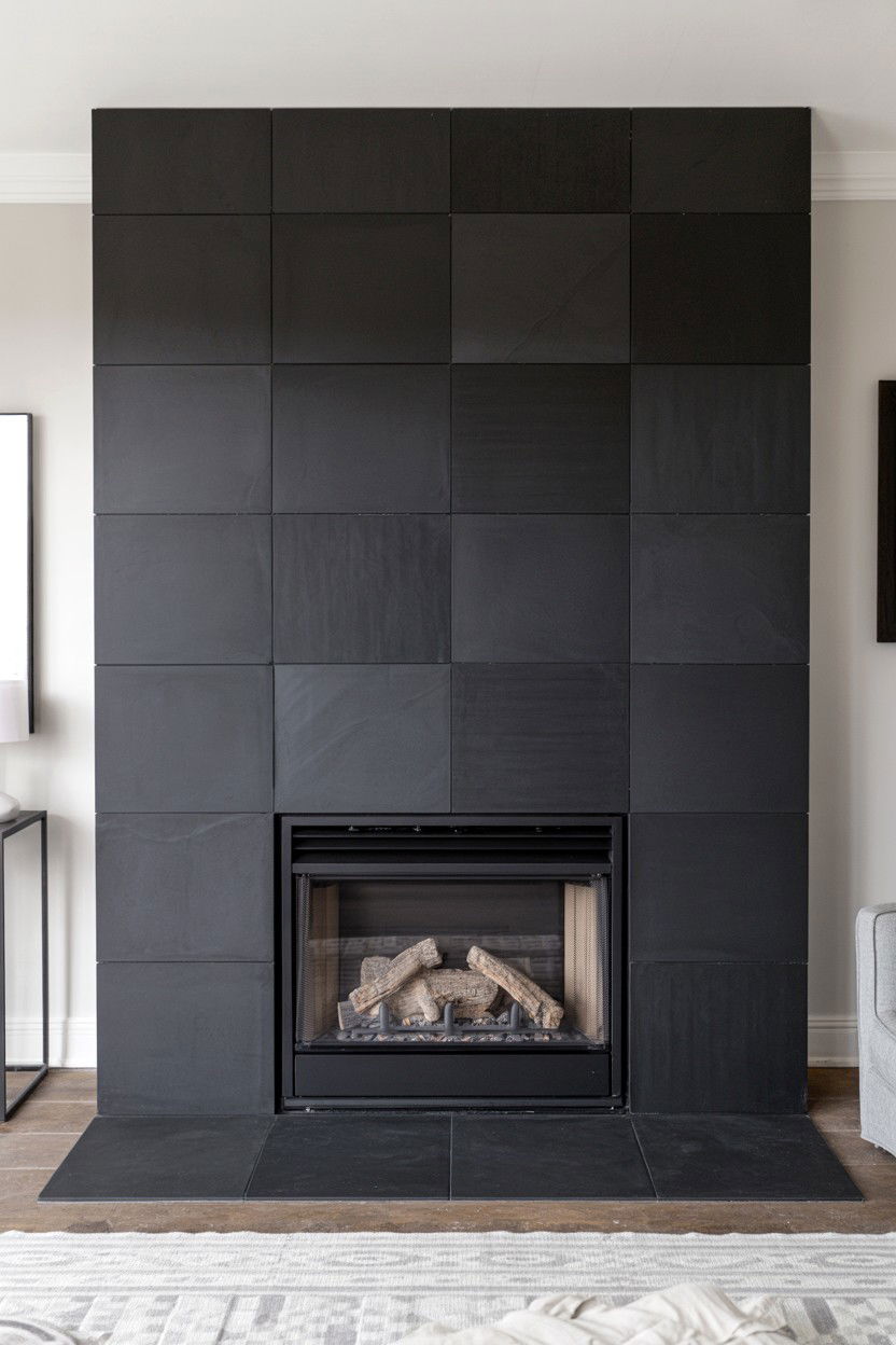 Matte Black Tile Surround with Monochromatic Sophistication - 30 best gas fireplace ideas