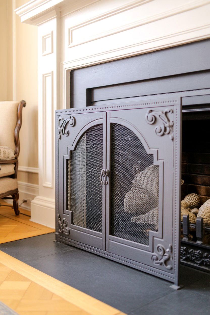 Mesh Panel with Decorative Border - 30 fireplace screen ideas