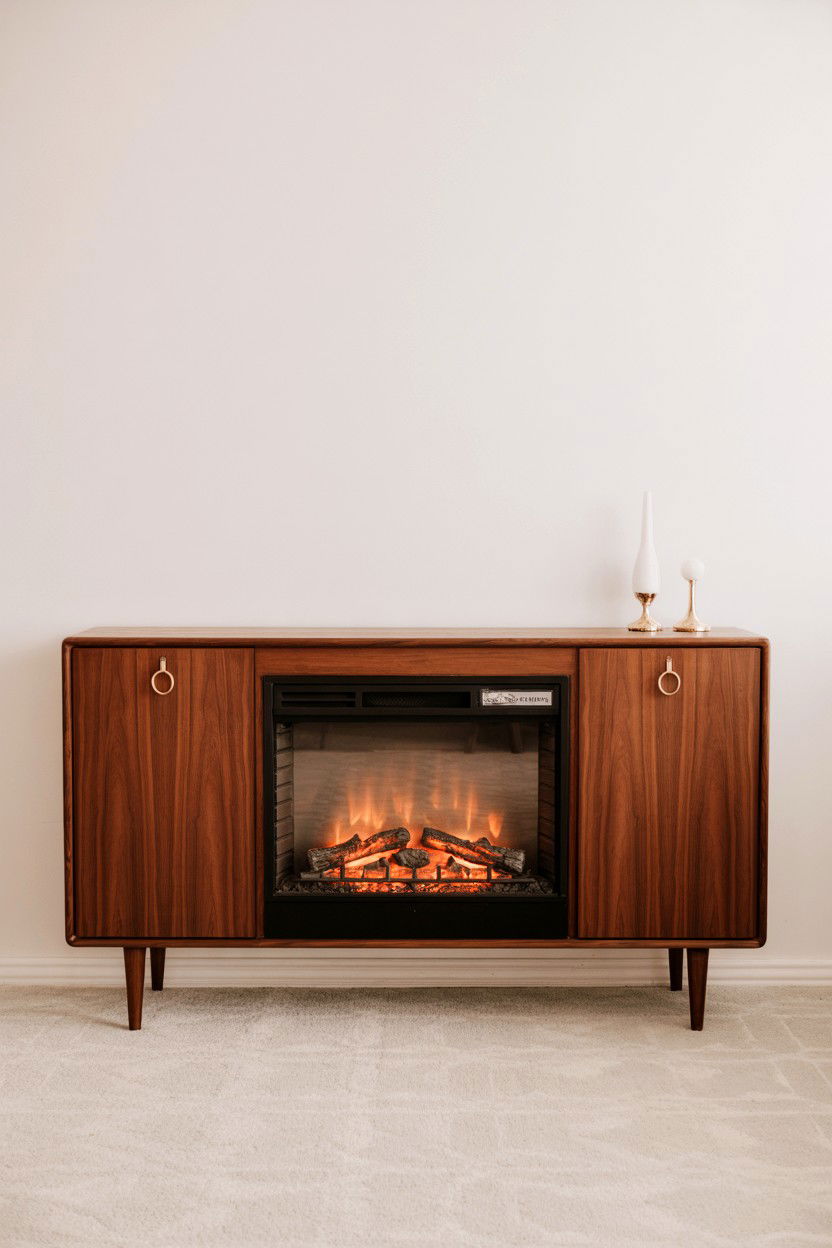 Mid Century Modern Walnut Cabinet with Electric Insert - 30 faux fireplace ideas