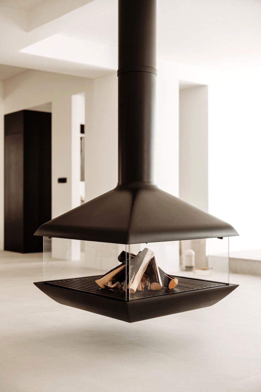 Minimalist Black Steel Frame Suspended Unit - 30 faux fireplace ideas