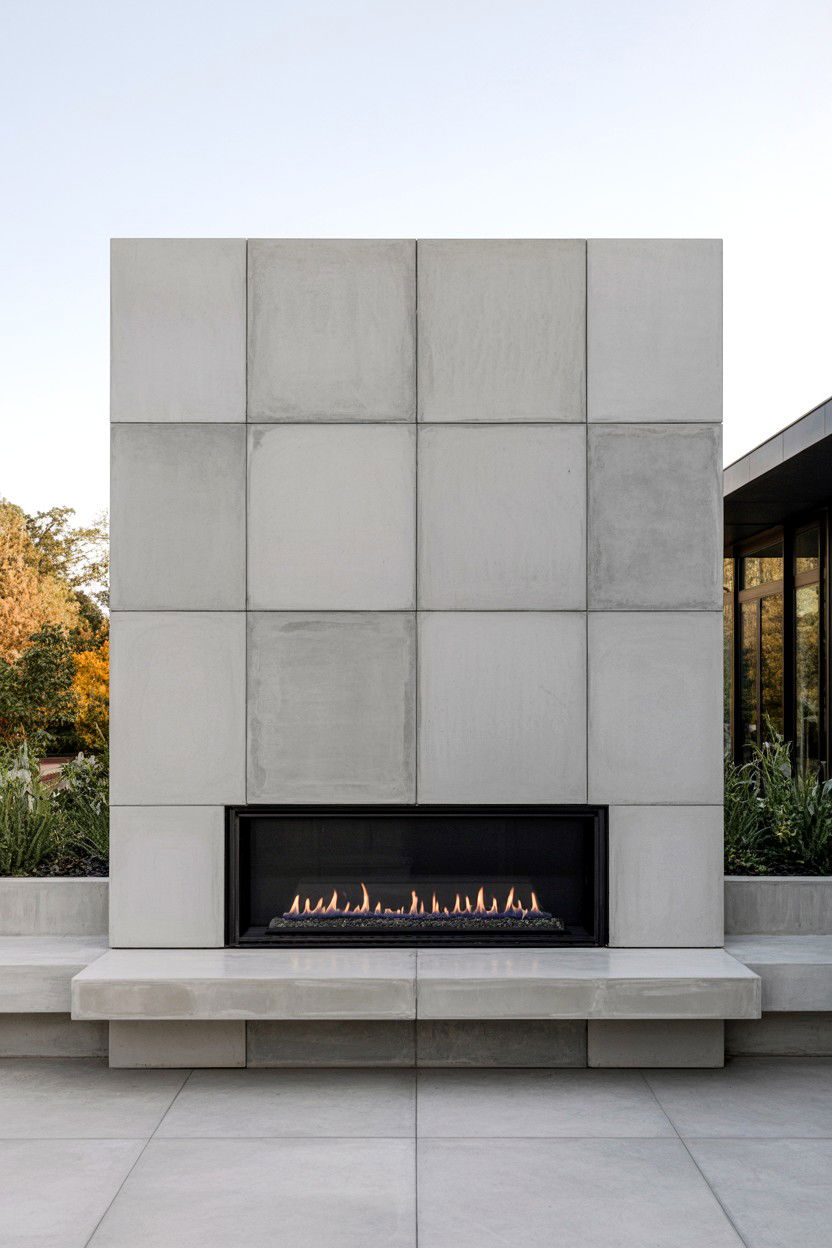 Minimalist Concrete Panel Fireplace - 30 outdoor fireplace ideas
