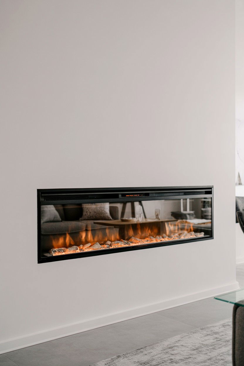 Minimalist Wall Mounted Electric Fireplace with Black Steel Frame - 30 built in fireplace ideas