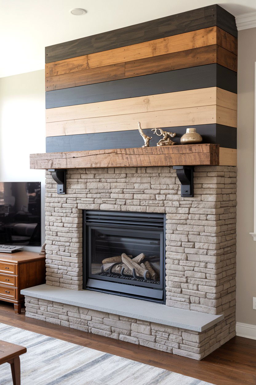 Mixed Material Surround Combining Wood Stone and Metal - 30 best gas fireplace ideas