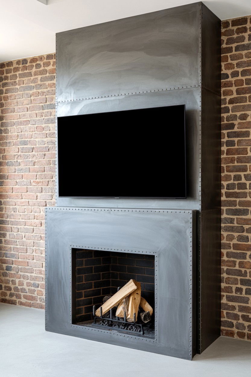 Mixed Metal Accents with Industrial Fireplace Frame - 30 fireplace tv wall ideas