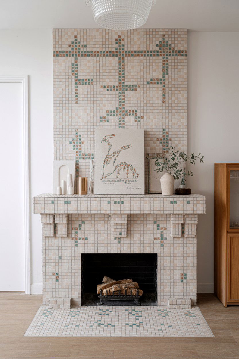 Mosaic Tile Artistic Feature - 30 fireplace makeover ideas